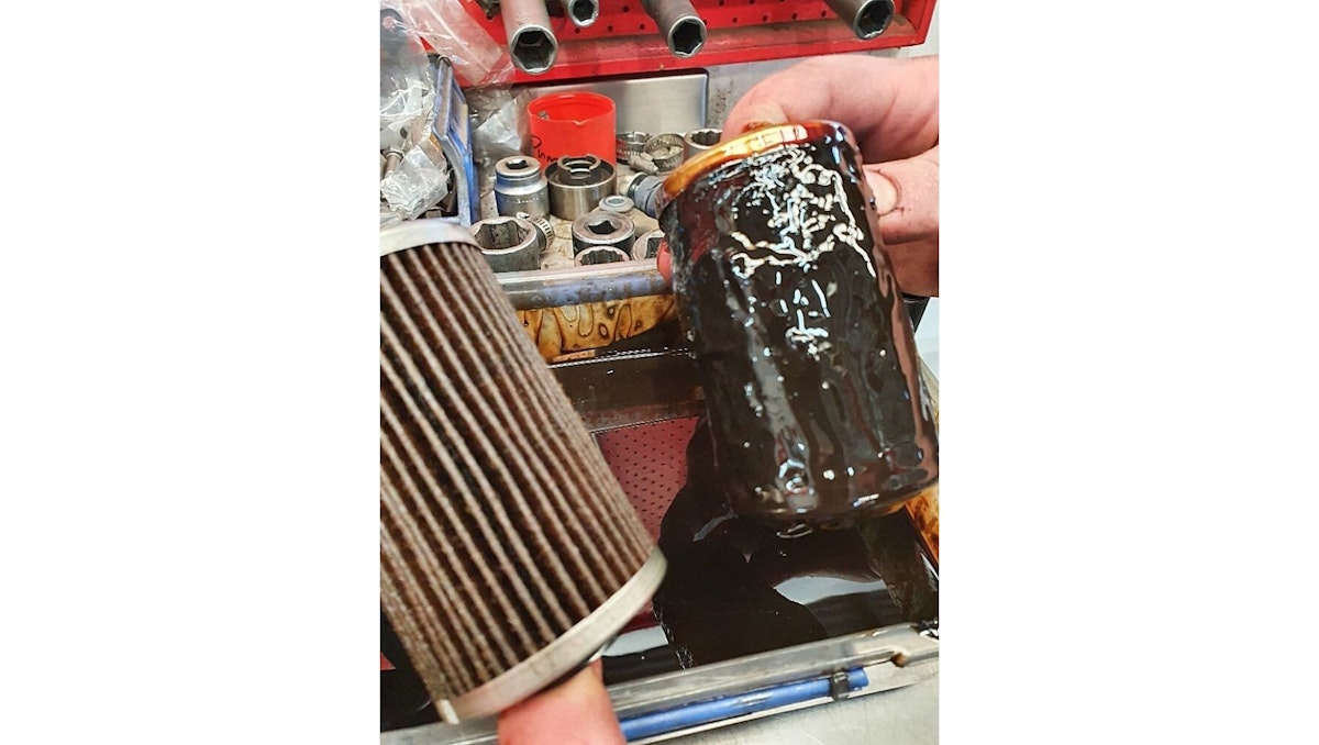 Oil filter full of oil sludge removed at Salisbury mechanical workshop